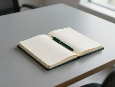 A clean minimalist office desk with a structured notebook and pen under bright natural daylight, muted slate tones, editorial corporate photography