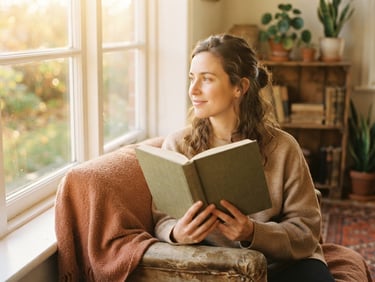 A serene environmental portrait of a woman looking towards warm morning window light, soft gold and terracotta tones, holding a linen-bound book, 35mm