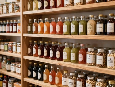 Neatly arranged retail display of specialty Latin beverages and dry goods on clean wooden shelves, warm natural daylight, medium shot.