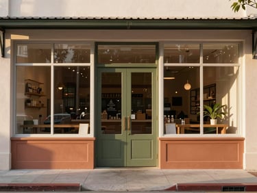 A clean, modern neighborhood market storefront in Miami, soft golden hour light reflecting on the windows, structured composition.