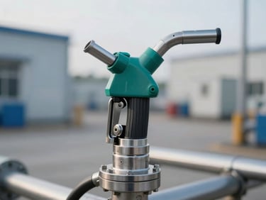Close-up of a stainless steel diesel exhaust fluid pump nozzle inside a clean industrial fleet yard, cool morning light, sharp focus, 35mm