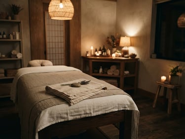 Wide panoramic shot of a serene, dimly lit treatment room, a neatly folded linen towel on a massage bed in the foreground, soft candle glow from a corner, warm editorial photography, shallow depth of field, 35mm