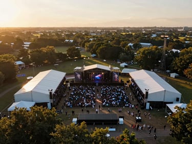 Wide environmental aerial of an outdoor event venue at golden hour, crowd visible as texture below, stage or tent structure as focal anchor, natural warm late-day light, no dramatic color effects