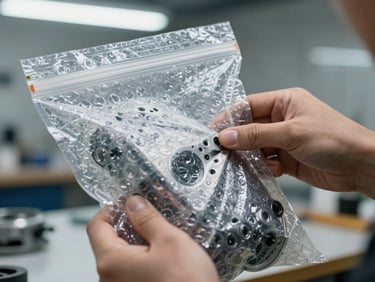 Close-up of a hand placing a metallic automotive part inside a custom-sized bubble wrap bag with an adhesive lip, bright workshop light