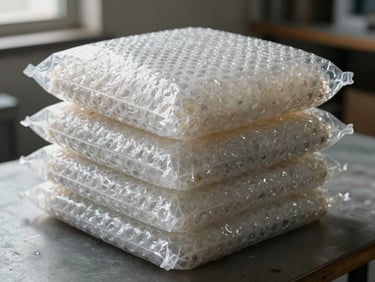 A bundle of custom-sized bubble wrap bags neatly packed and ready for delivery, glowing under soft natural workshop light
