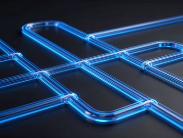 Sleek 3D render of abstract data visualization pipelines, flowing glowing blue streams, dark obsidian background, octane render