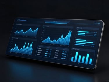 Sleek 3D render of a clean dark-themed dashboard interface with glowing electric blue charts, low-key dramatic studio lighting