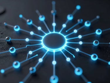 Sleek 3D render of glowing algorithmic nodes, dark obsidian background, sharp electric blue rim lights, macro close-up, premium tech aesthetic