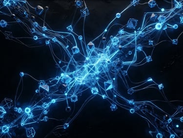 Sleek 3D render of glowing algorithmic nodes, dark obsidian background, sharp electric blue rim lights, macro perspective, octane render, 8k