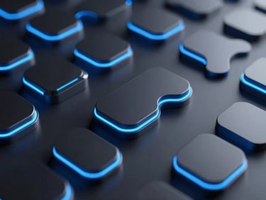 Abstract 3D data models with glowing electric blue rim lights, dark obsidian background, premium tech aesthetic