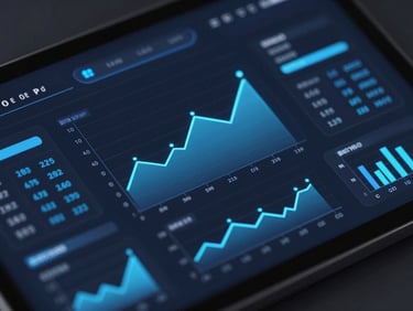 Close-up of a dark-themed dashboard interface showing crisp vector data visualizations and growth charts, electric blue accents