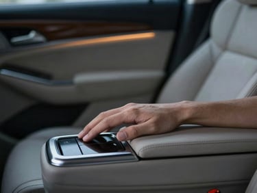 Close-up of a passenger hand resting on a premium leather armrest inside a luxury vehicle, soft warm interior lighting