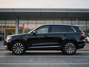 Side profile of a premium black SUV parked outside a modern terminal, soft overcast lighting, clean metal reflections