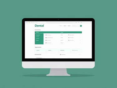 Flat vector illustration of a desktop monitor displaying a modern dental clinic website with structured appointment blocks, clean white and green tones.