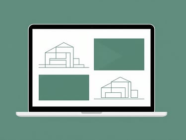 Flat vector illustration of a sleek laptop displaying a minimalist architecture portfolio with geometric line art, elegant forest green accents.