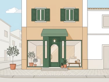 A minimalist flat vector illustration of a modern Portuguese storefront with clean geometric lines, soft forest green and warm sand accents, elegant negative space.