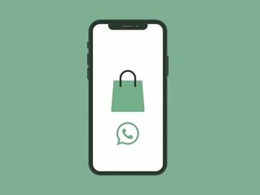 Flat vector illustration of a smartphone displaying a boutique storefront website with a tiny shopping bag and WhatsApp icon, minimalist style.