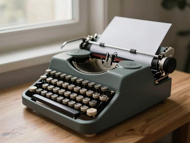 A classic mechanical typewriter resting on a light oak table next to a stack of textured paper, soft morning light filtering through a window, rich muted tones, 35mm.