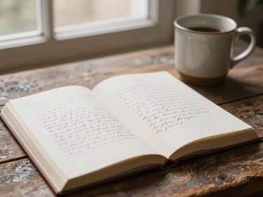 An open paper journal displaying elegant cursive handwriting, paired with a ceramic mug on a weathered wooden surface, warm soft lighting, shallow depth of field.