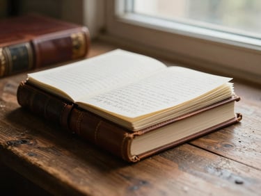 Close-up of vintage leather-bound research archives and handwritten notebooks on a rustic wooden desk, warm natural window light, shallow depth of field, 35mm editorial photography.