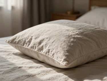 Close-up of freshly fluffed linen pillows on a neutral-toned bed, soft morning light