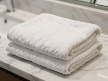 Crisp folded white towels on a marble bathroom counter, high-end hospitality styling