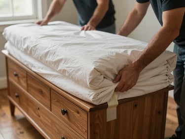 Close-up of workers carefully wrapping a wooden dresser in thick moving blankets, hands visible securing tape around the corners, warm natural light from a window, hardwood floor of a residential room visible below