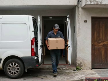 Street-level documentary shot of a Colibrí van parked at a residential building entrance, rear doors open, worker carefully carrying a wrapped package down a narrow corridor, natural urban daylight, no people's faces visible