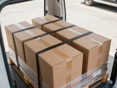 Overhead view of neatly stacked commercial cargo boxes and wrapped pallets filling the floor of a delivery van, straps crossing the load diagonally, bright midday light from an open warehouse loading dock in the background