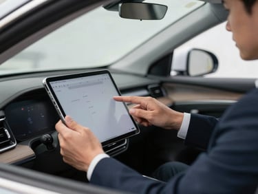 Close-up of a professional driver in a dark suit adjusting a tablet mounted on the dashboard of a clean, modern vehicle, sharp focus, technical lighting.