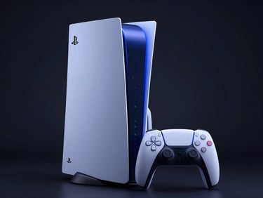 PlayStation 5 Slim Digital console, dramatic blue neon studio lighting, dark high-contrast background, sharp focus