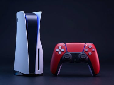 Two PlayStation 5 DualSense controllers, one white and one cosmic red, dramatic blue neon backlight, dark background, sharp focus