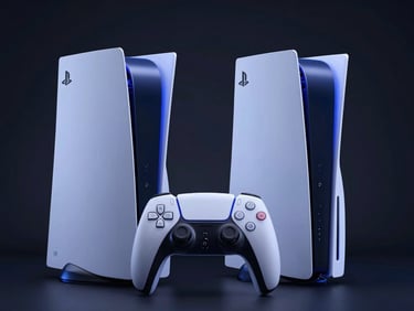 DualSense controller and PS5 console, dramatic blue neon studio lighting, dark high-contrast background, sharp focus