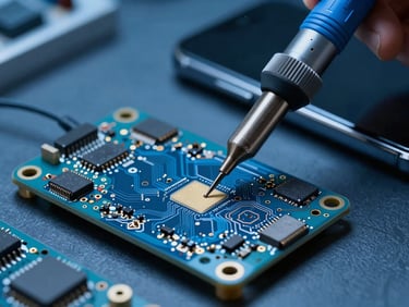 Extreme close-up of a clean technical repair bench, bright cool studio lighting, micro-soldering tools and a pristine smartphone circuit board, deep slate and electric blue tones