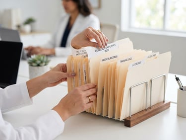 Close up of hands organizing clinical compliance folders on a clean white desk, bright natural daylight, professional corporate setting