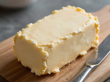 Detail close-up of hand-churned butter on a wooden board, the surface showing natural ridges and a slightly uneven texture, a butter knife resting beside it, cool north-facing light, no styled props
