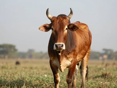 Close documentary portrait of a Sahiwal cow head-on in a daylit open field, reddish-brown coat with characteristic loose dewlap visible, natural north-facing light, grass in foreground, shallow depth of field, no human subjects, no confinement