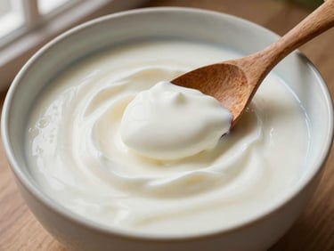 Overhead close-up of thick set yogurt in a wide ceramic bowl, a wooden spoon resting at the edge with a curl of yogurt on it, warm north-facing window light, no garnish or styling props