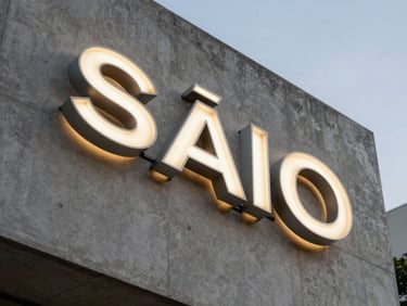 Low-angle architectural shot of a newly installed illuminated channel letter sign on a modern concrete facade in São Paulo, dusk lighting, sharp metal edges catching the light.