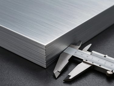 Industrial macro photograph of a brushed aluminum ACM sheet corner, showcasing the layered composite structure, clean machine-cut edge, technical caliper measuring the thickness.
