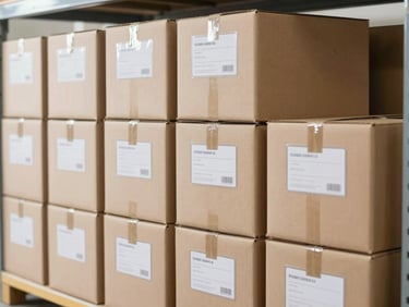 Neat stack of cardboard shipping boxes with clear labels on a warehouse shelf, bright daylight, neutral industrial tones, sharp focus.