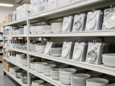 Organized warehouse shelving holding packaged kitchenware items, bright commercial photography, sharp focus.