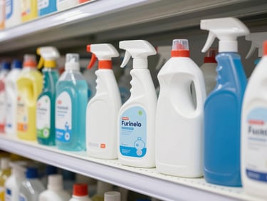 Clean product group shot of wholesale household cleaning bottles and utility brushes on a metal shelf, bright high-key commercial photography, sharp focus.