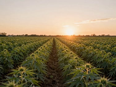 Warm golden-hour shot of an outdoor organic hemp farm in Florida, rows of green crops reaching toward a soft orange horizon, natural sun flare