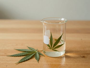 A clean laboratory beaker filled with botanical extracts next to dried hemp leaves on a warm wooden table, soft natural light