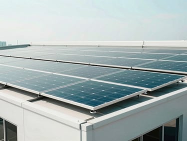 Close-up of modern high-end solar panels installed on a clean corporate roof, sharp focus, bright overcast daylight, cool teal tones.