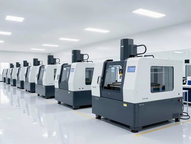 Wide-angle shot of a spotless modern manufacturing facility, gleaming white floors, high-key daylight, clean CNC machines lined up in perfect order, 50mm