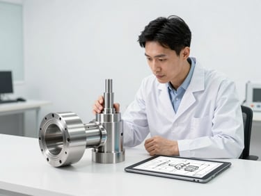 A mechanical engineer in a clean modern workshop reviewing a gleaming machined metal part next to a digital tablet displaying CAD blueprints, 50mm