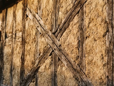Close-up of traditional Norman half-timbered wall with eco-restored clay and lime plaster, soft golden hour sunlight highlighting the organic texture, 35mm editorial photography.