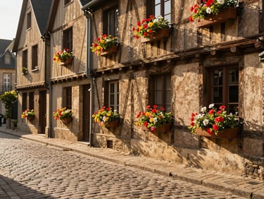 Charming half-timbered houses in Beuvron-en-Auge, colorful flower boxes, warm afternoon sun, cobblestone street texture